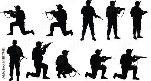 Silhouette of armed soldiers in combat positions, tactical military training with rifles, modern warfare action poses for defense and security concept illustration