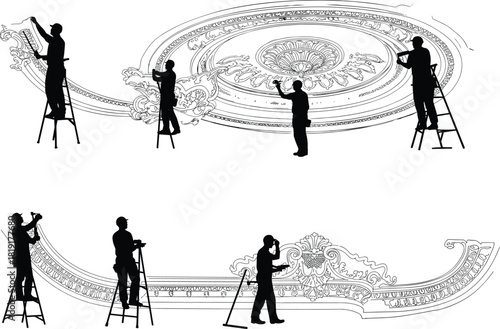 Silhouette of artisans working on decorative ceiling molding, detailed ornament design restoration, interior renovation and architectural craftsmanship concept illustration