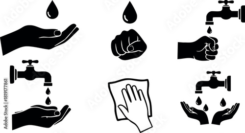 Hand washing water drop faucet hygiene cleaning prevention health protection icons vector illustration