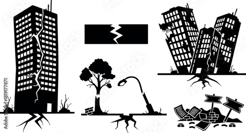 Black silhouette buildings and tree with cracks in ground and broken structures urban destruction concept vector illustration
