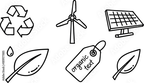Eco friendly icons set renewable energy leaf water organic text wind solar panel vector illustration