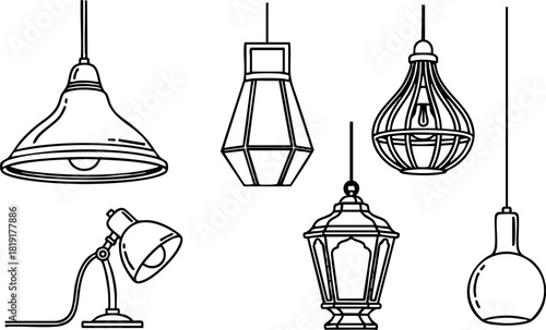 Vintage and modern hanging lamps and desk lamp collection black line art vector illustration