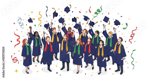Excited graduates celebrate academic success by throwing hats in the air during graduation ceremony filled with confetti and joy for new beginnings