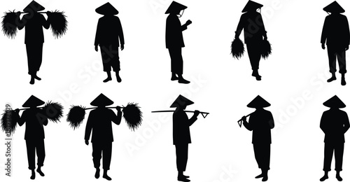 Silhouette of Asian farmers working in rice fields, carrying crops and tools, traditional conical hat agricultural workers illustration on white background