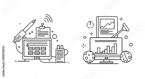 Two different computer setups isolated on, one for communication and one for data analysis