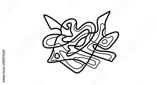 Dynamic abstract black line drawing with intertwined organic shapes and flowing contours isolated on