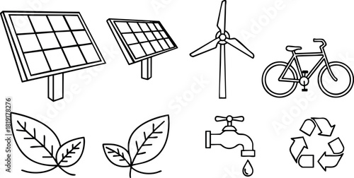 Renewable energy icons solar panel wind turbine bicycle leaf water faucet recycling symbol vector illustration