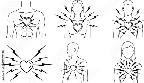 Human heart pain vector set with chest pain signals and radiating lightning effects illustration