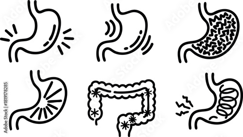 Human digestive system stomach and intestines vector icons set simple black line art design