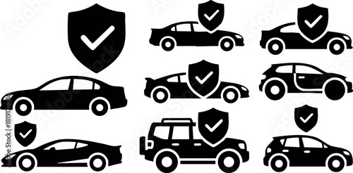 Car insurance icons set with shield checkmark symbols vector illustration protection concept