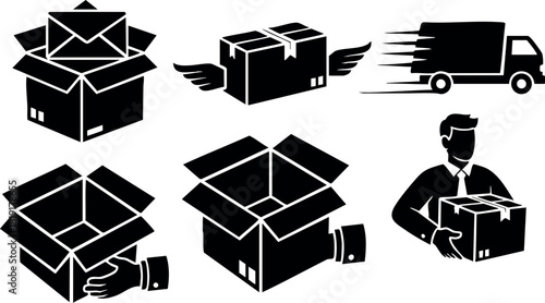 Delivery box parcel courier package shipping transportation icons black silhouette set vector illustration