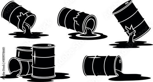 Oil barrels leaking black liquid spill environmental hazard vector illustration