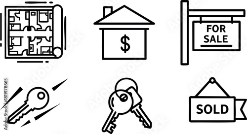 Real estate icons house plan key sold for sale property vector illustration