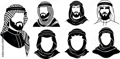 Arabic man head silhouette vector set traditional keffiyeh ghutra headdress face beard style collection