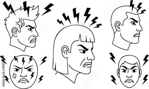 Angry men heads with electric shock pain stress expression vector illustration