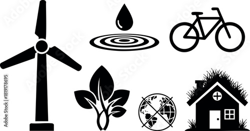 Eco friendly energy water bicycle plant globe house vector illustration sustainable environment nature concept