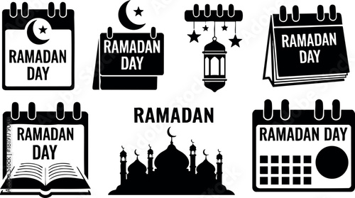 Ramadan day icons vector set islamic celebration calendar mosque moon star crescent lantern