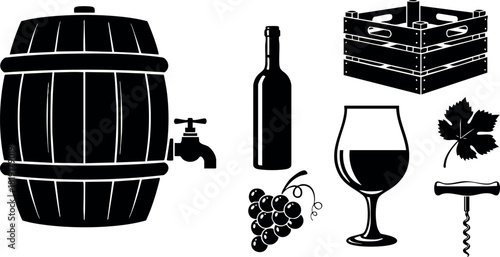 Wine barrel bottle glass corkscrew grapes leaf crate vector illustration black silhouette