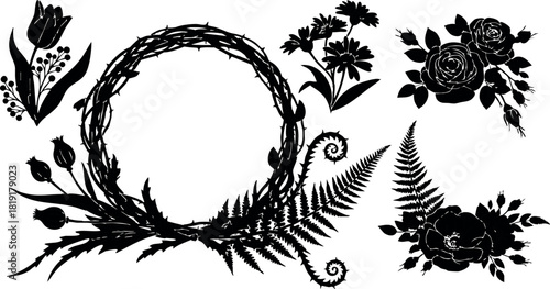 Black floral wreath with leaves and flower bouquet vector illustration decorative design elements