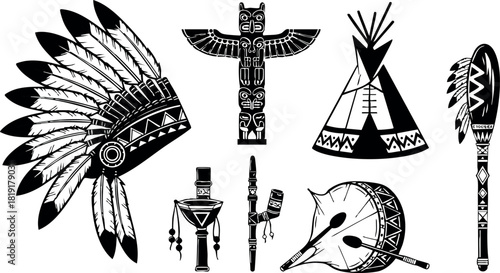 Native American traditional symbols vector set with headdress totem tipi drum and peace pipe illustration