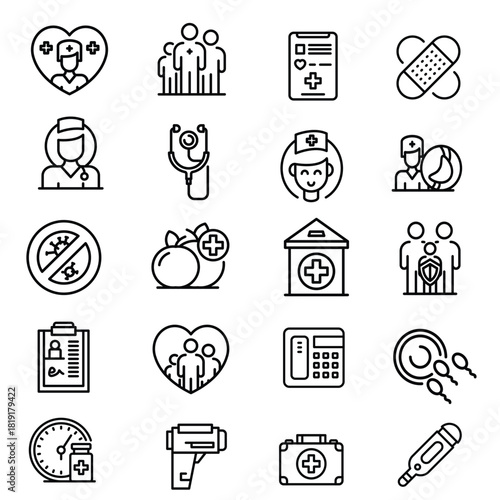 clean vector icon set representing family doctors, healthcare services, and medical support in a simple modern style.