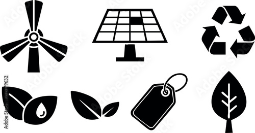 Renewable energy icons wind turbine solar panel recycling leaves eco tag vector illustration