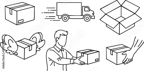 Delivery and shipping package box truck courier parcel transportation logistics vector illustration