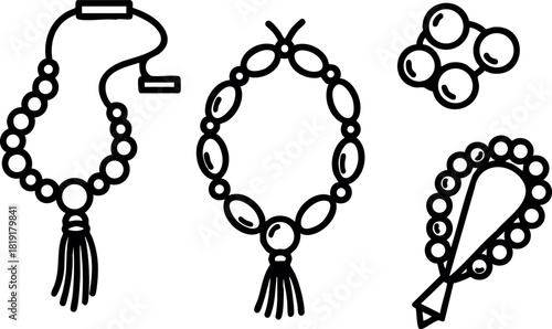 Black outline vector set of four different bead bracelet designs with tassels and geometric shapes