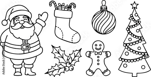 Santa Claus with Christmas stocking holly gingerbread tree decorations vector illustration