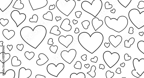 Black and white seamless pattern of handdrawn heart outlines, perfect for romantic and loving designs isolated on