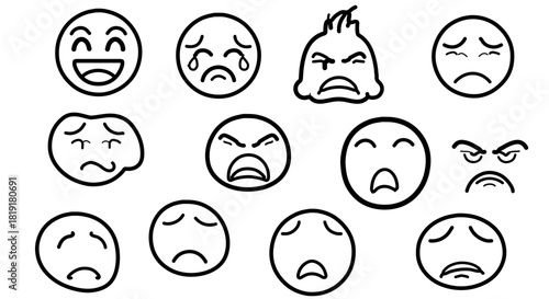 Collection of hand drawn emoticon faces expressing various emotions isolated on