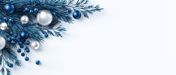 Elegant Blue and Silver Christmas Ornaments with Evergreen Branches on White Background