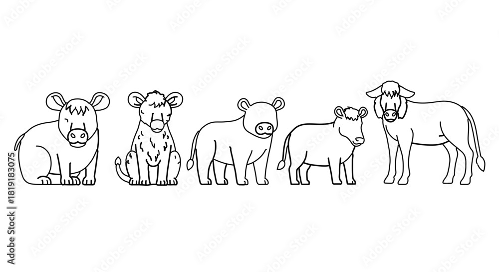 Obraz premium Cute cartoon cattle in a row, black and white line art illustration isolated on