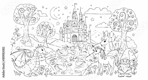Enchanted kingdom coloring page with castle, dragon, unicorn, gnome and swan isolated on