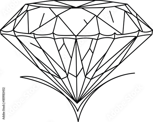 Detailed black and white line art vector of a brilliant-cut diamond gemstone, symbolizing luxury, precious wealth, high quality, and timeless elegance