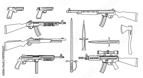 Collection of various firearms, bladed weapons, and an axe in a line art style, isolated on