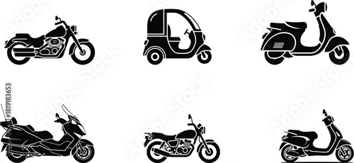 Collection of Different Motorcycle and Scooter Silhouettes Vector Illustration Representing Various Designs Types and Styles of Two Wheeled Vehicles Ideal for Transportation and Recreation