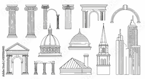 Handdrawn architectural elements and building structures set, sketch style, isolated on
