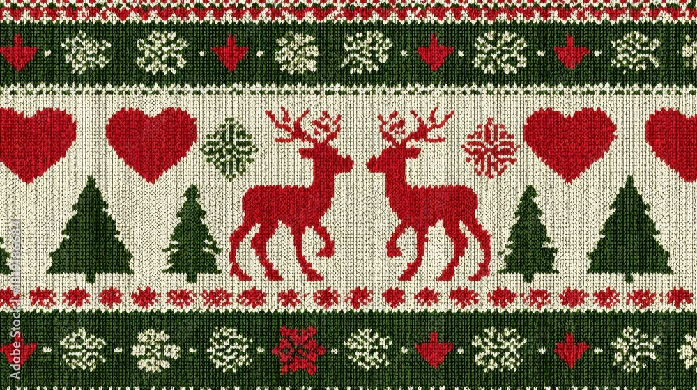 seamless christmas knit pattern reindeer trees hearts and snowflakes in red green beige sweater style  vector background texture for holiday designs 2026