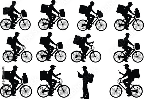 Flat vector delivery rider silhouettes, bicycle courier, urban logistics, helmet, smartphone, motion pose, gig economy, black icons, minimal design