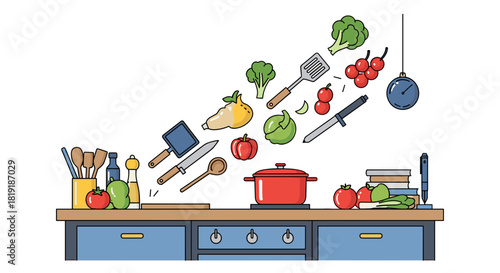 A vibrant illustration of a kitchen counter with a red pot, cooking utensils, and fresh vegetables and fruits being prepared for a meal.