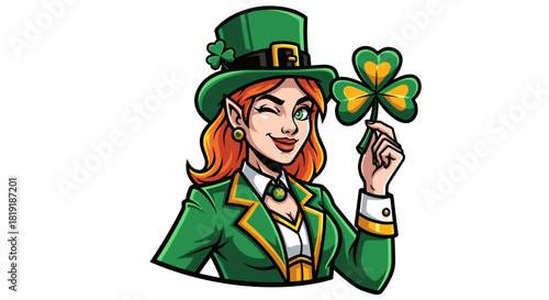 A cheerful red-haired woman with pointed ears, dressed as a leprechaun in a green suit and hat, winking and holding a shamrock.