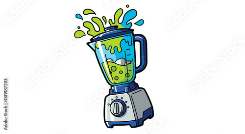 A vibrant illustration of a blender mixing green and blue liquid, with splashes erupting from the top.