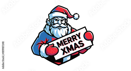 A cartoon illustration of a determined Santa Claus wearing a red and blue suit, holding a "MERRY XMAS" sign.