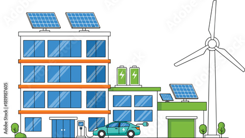 Sustainable Smart City Concept Vector Illustration: Modern Building Powered by Solar Panels and Wind Turbine, Featuring an Electric Vehicle Charging Station and Battery Storage for Renewable Clean Ene