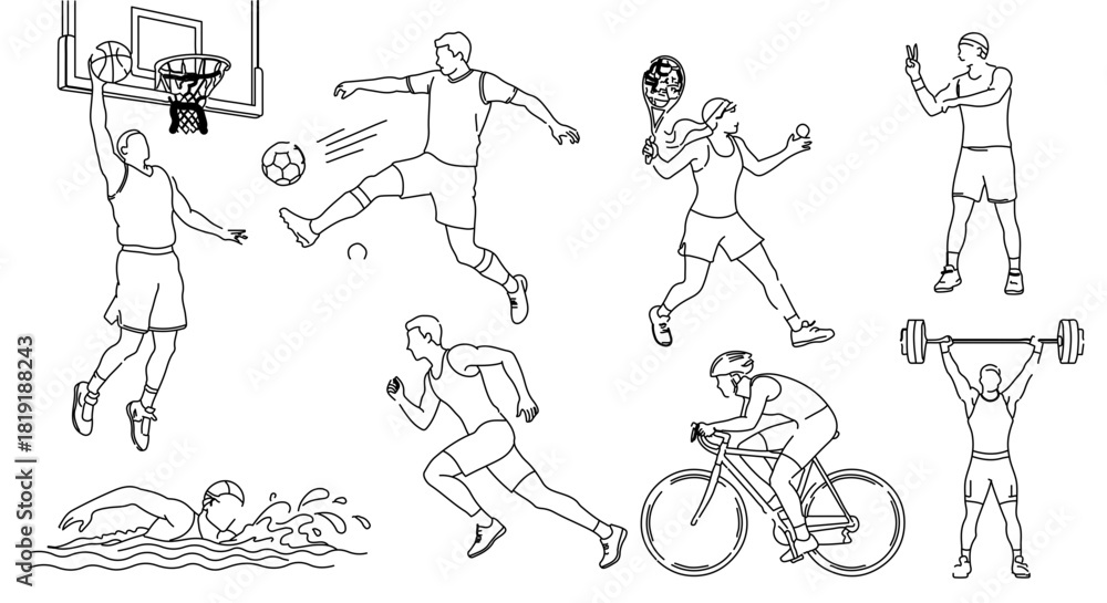 Fototapeta premium Line art illustration set of various athletes performing different sports activities, isolated on