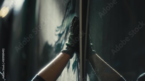 Worker Installing a New Glass Panel on Tram
