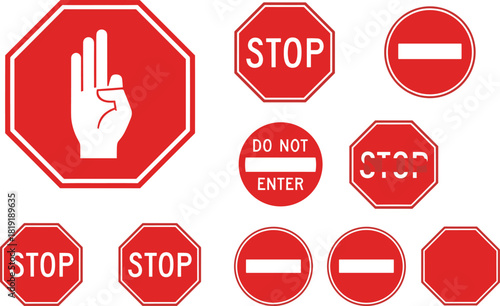 Vector Illustration Set of Various Red Stop Signs and Prohibition Symbols, Including Hand Gestures and 'Do Not Enter' Messages, Representing Rules, Restriction, and Traffic Control