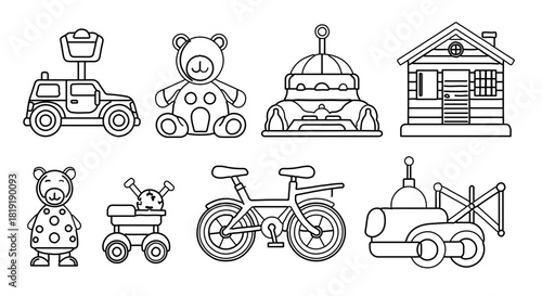 Black and white outline illustrations of various kids toys and objects for coloring books, isolated on