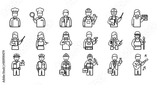 Line art icons set of various professional occupations and diverse workers, isolated on
